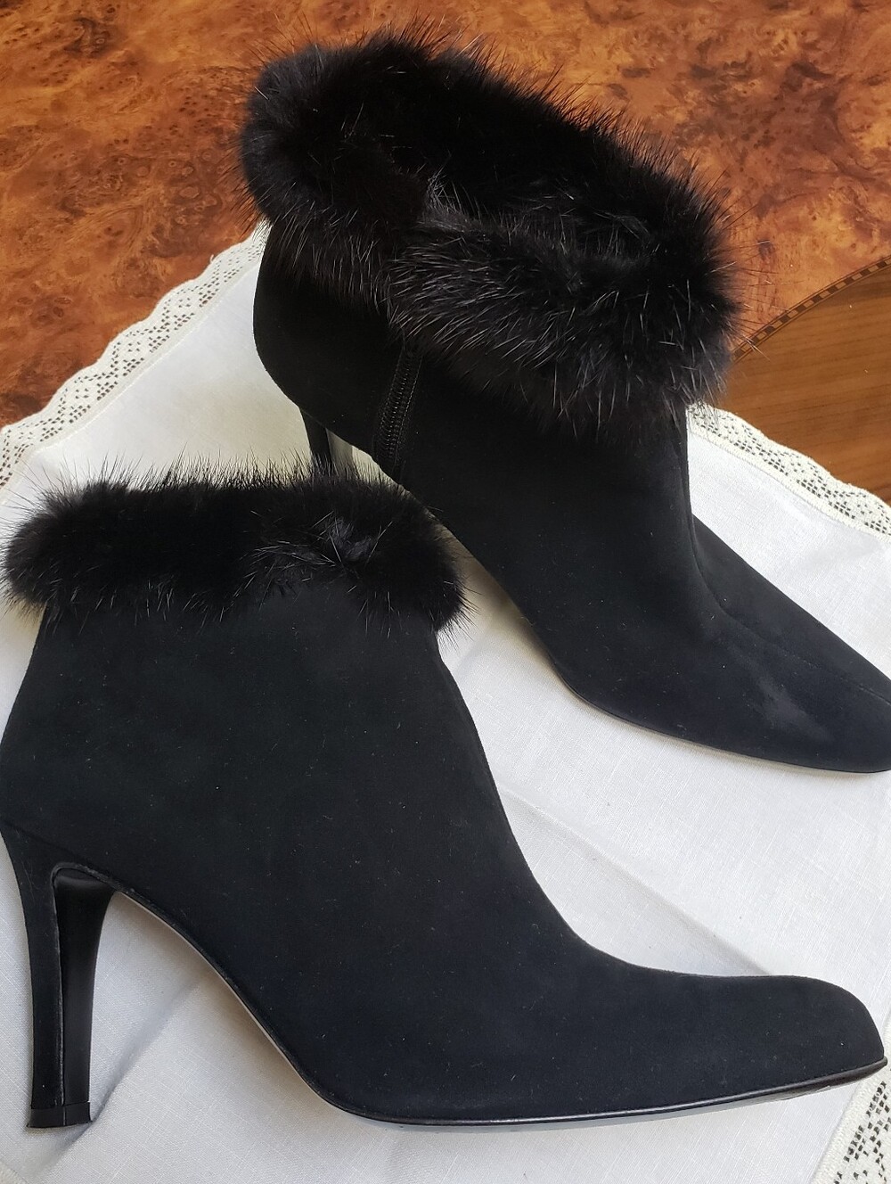 Bruno Magli Black Suede Mink Trim Ankle Boots Heels Sz.EU 36.5 US 6.5